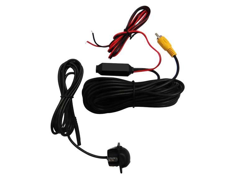 Rearview camera kit with black cable, camera, power wires, and yellow RCA connector.
