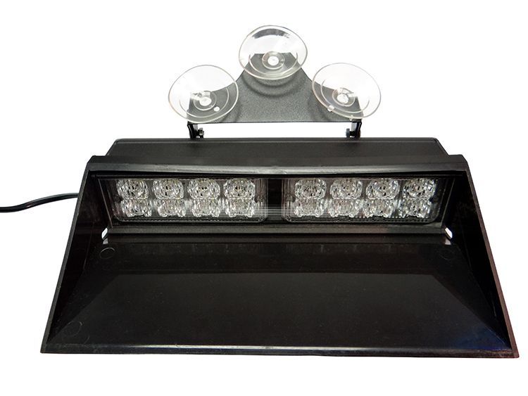 Black visor-style emergency vehicle light with LED bulbs and suction cup mount, resting on a white surface.