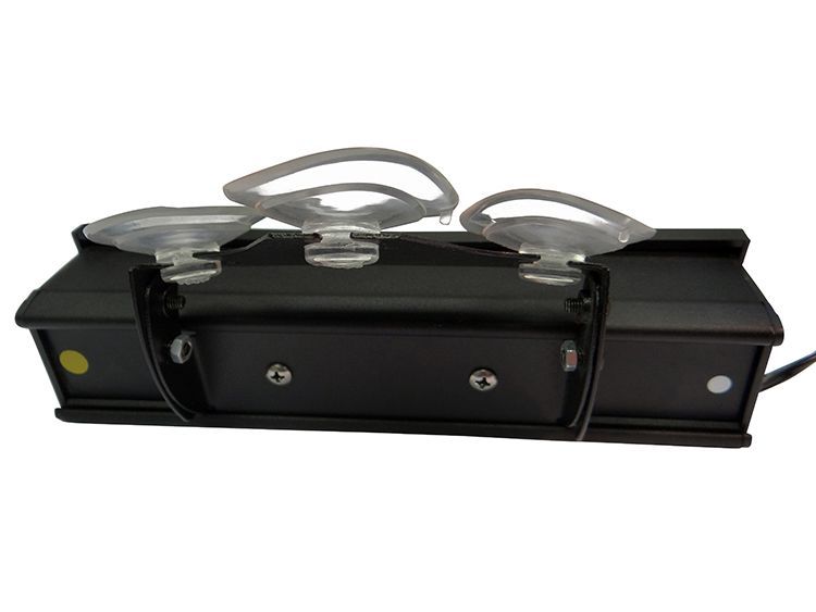 Black aquarium LED light with three suction cups attached, ready to be mounted.