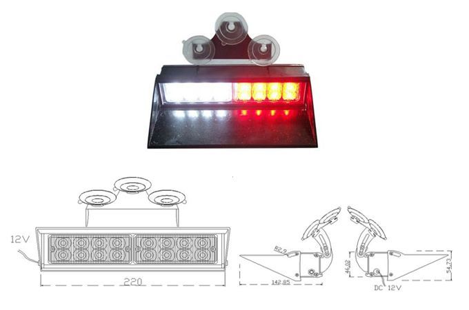 Emergency vehicle strobe light with suction cups, white and red LEDs, and dimensional diagrams.