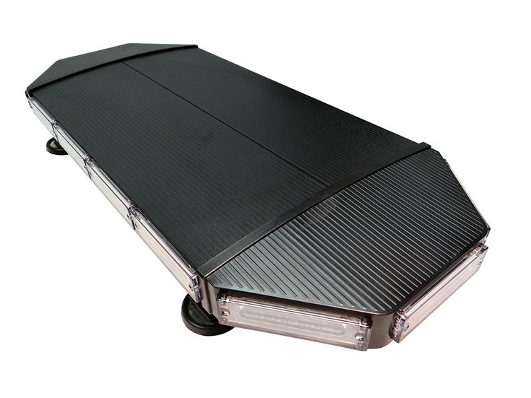 Black and silver LED emergency light bar, angled view.