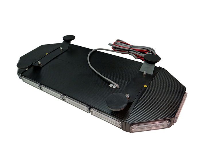 Emergency vehicle light bar, black with white and red flashing lights.