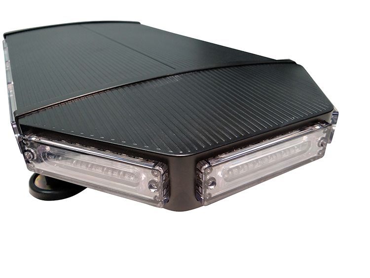 Black emergency light bar with clear LED lenses and a textured top.