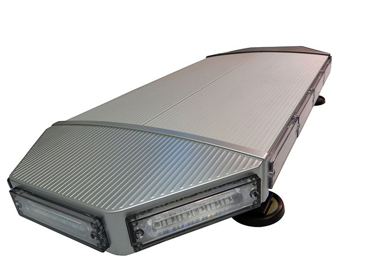 Silver and black emergency vehicle light bar with clear LED lights.