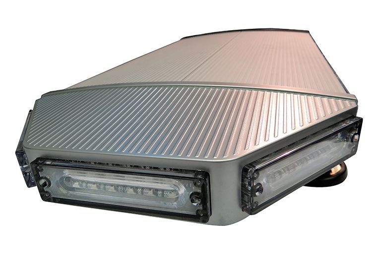 Silver emergency vehicle light with LED panels.