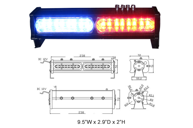 Emergency light bar with blue and amber LEDs; diagrams show dimensions.
