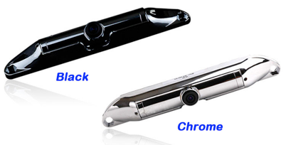 Black and chrome rearview cameras for vehicles.