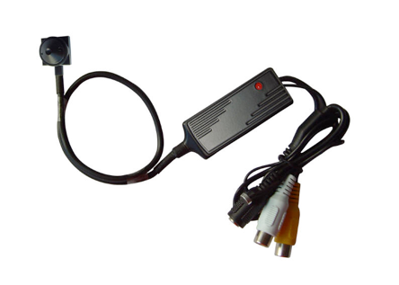 Miniature spy camera with black cable, controller, and RCA connectors.