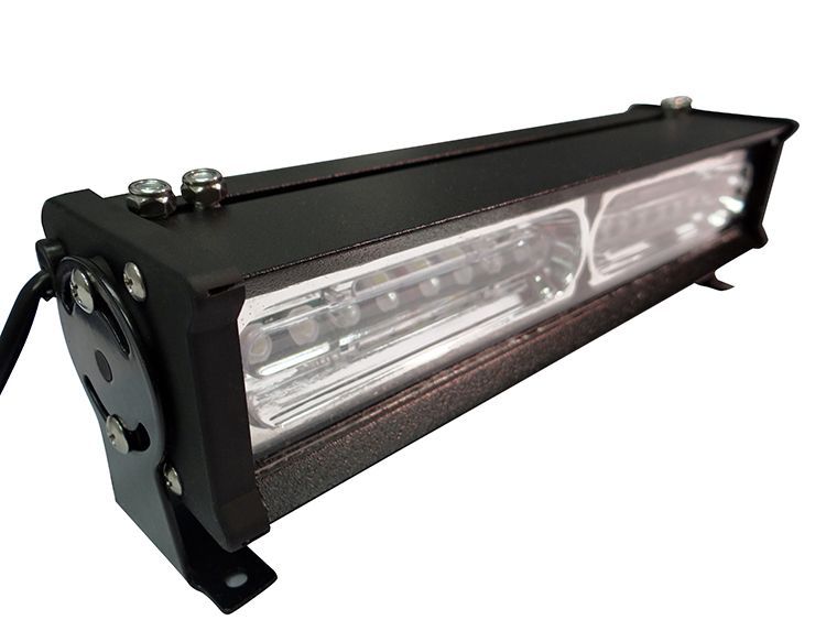Black LED light bar with clear lenses and mounting brackets.