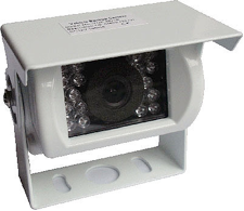 White, rectangular security camera with lens, surrounding LED lights, and bracket.