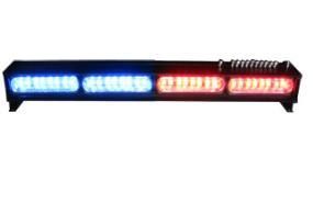 Blue and red emergency vehicle light bar, flashing.