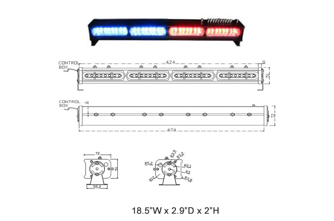 Emergency vehicle light bar with blue/red lights and dimensions.