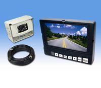 Backup camera system: monitor displaying road, camera, and black cable on blue gradient background.
