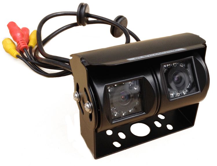 Black dual-lens rearview camera with red/yellow RCA connectors, attached to a black mounting bracket.