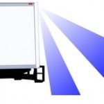 White truck with blue light beams radiating to the right.