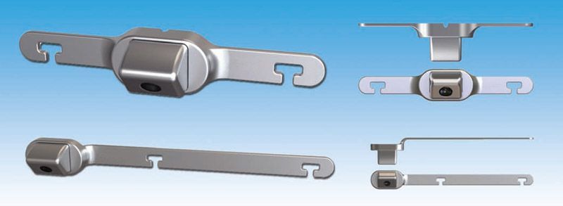 Metal mechanical components in various views against a blue gradient background.