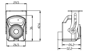 Diagram of a camera with dimensions in millimeters, showing front and side views.