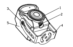 Diagram of a mechanical device with numbered parts. It is a small, dark-colored machine with holes.