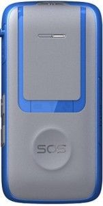 A handheld SOS emergency device. Gray with blue trim. Features large SOS button.
