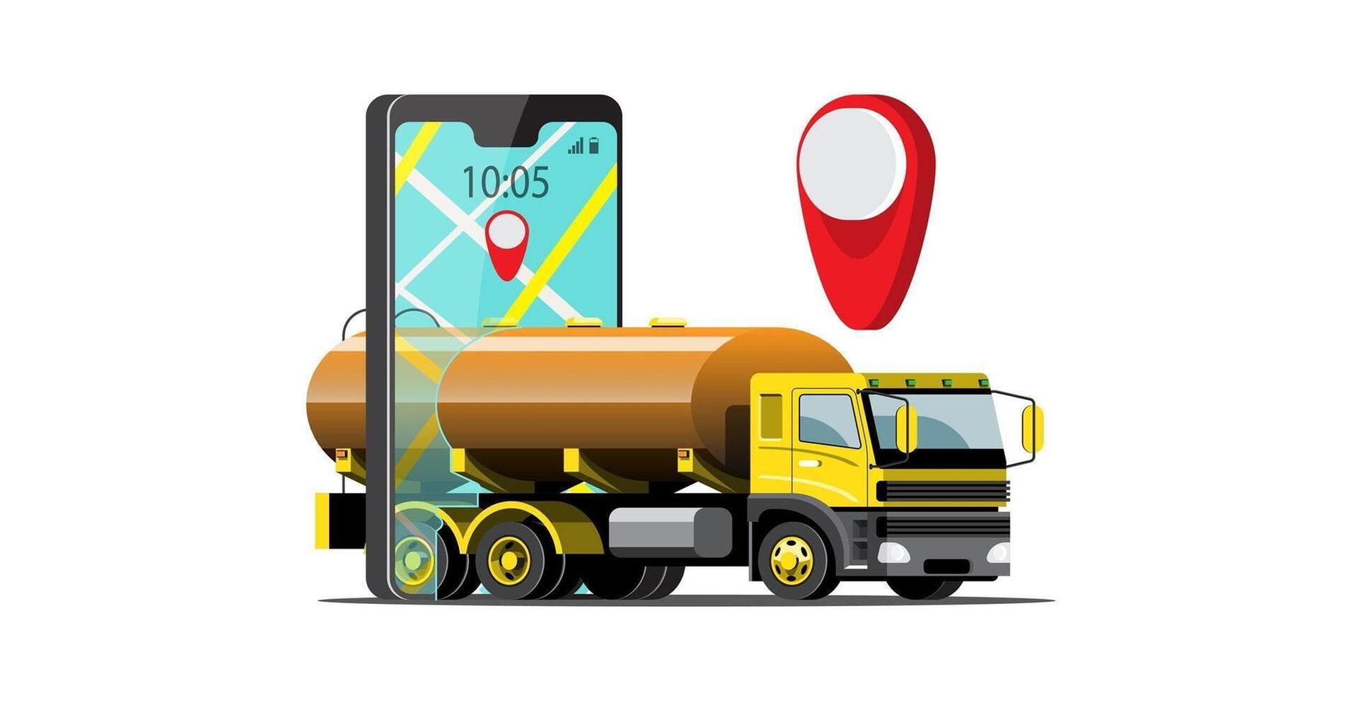 A yellow tanker truck with a GPS app on a smartphone, along with a red location marker.