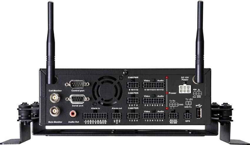 Back panel of a black industrial computer with antennas, ports, and connectors.