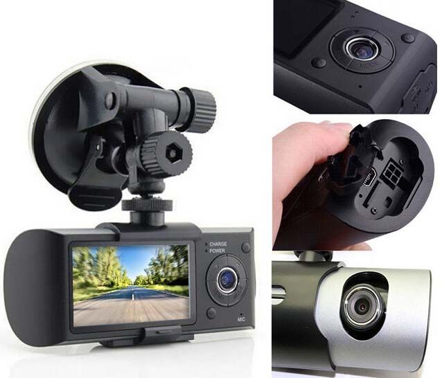 Dashcam mounted on a windshield, displaying a road ahead; includes close-up shots of lens and other details.
