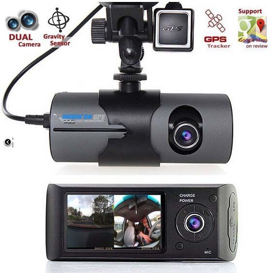 Dashcam with front and rear-facing cameras, GPS, and a screen displaying footage of the road and interior.