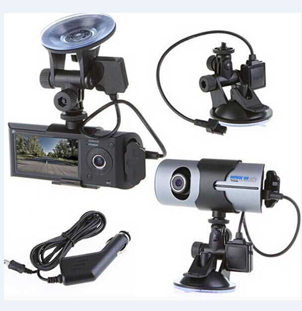 Dashcams with suction cup mounts and power adapter, showcasing different designs and setups.