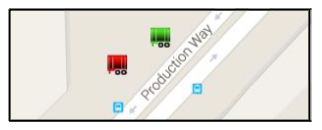 Map with two trucks: one red and one green, near Production Way and two blue icons.