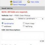 Web form for sending a job, includes vehicle, job location selection by landmark, map, address or lat/long, and job description.