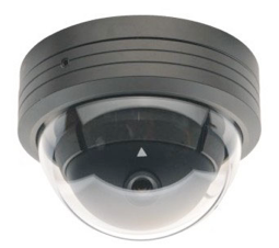 Black dome security camera, mounted on a ceiling, with a clear dome.