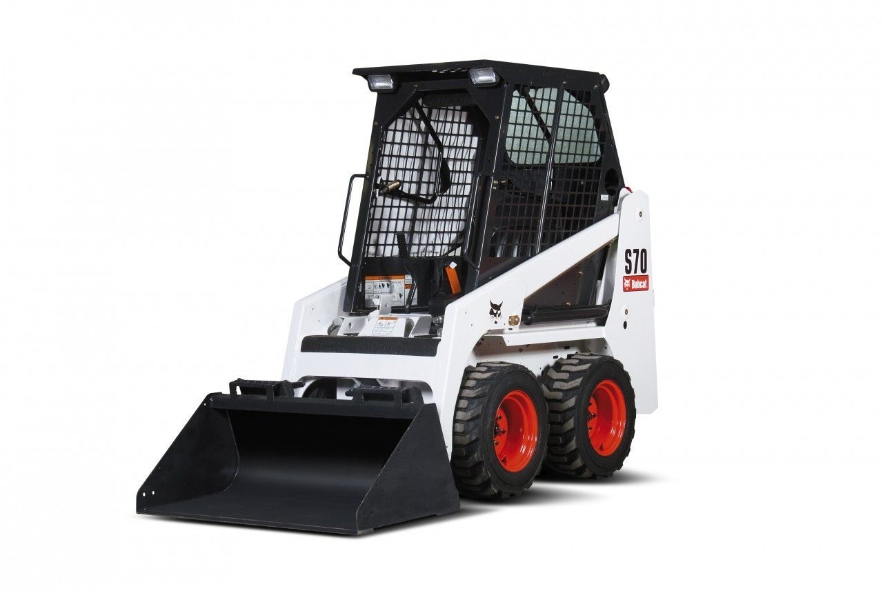 White Bobcat skid-steer loader with black bucket and safety cage, orange wheels on white background.