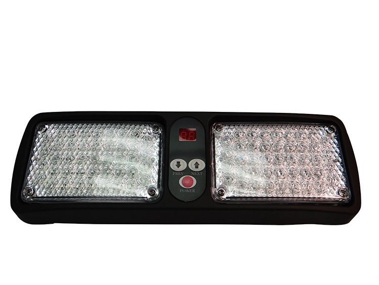 Black LED emergency vehicle light with two light panels and a control panel.
