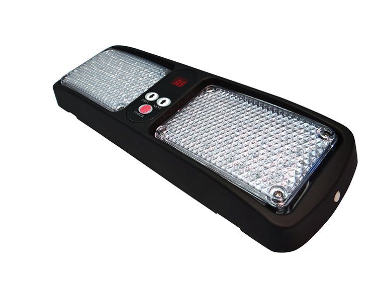 Black rectangular LED light with two large reflective panels, buttons, and an indicator light.