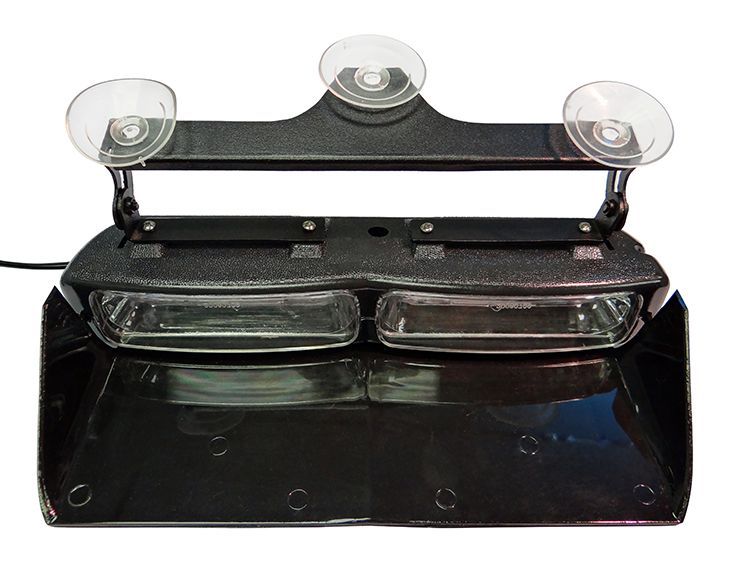 Black emergency vehicle visor light with suction cups.