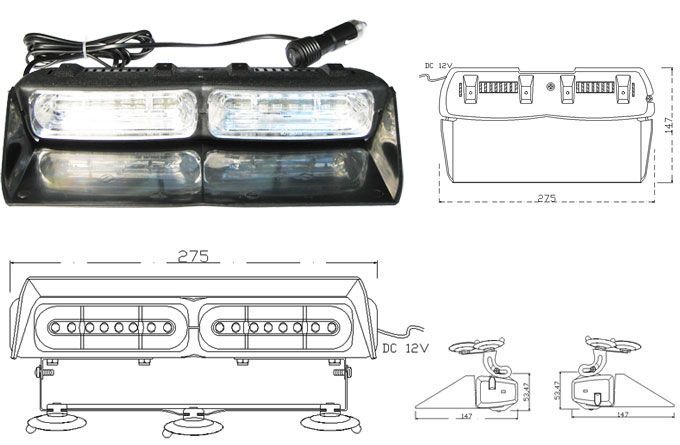 Emergency LED light bar with dimensions, suction cups, and DC 12V plug.
