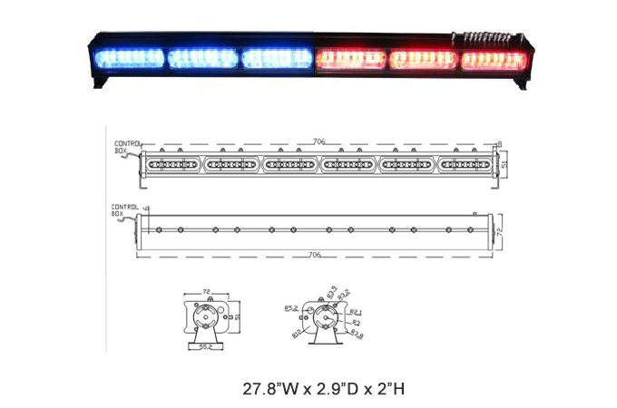 Emergency vehicle light bar, blue and red LEDs with dimensions: 27.8