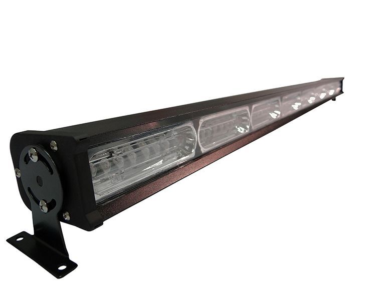Black LED light bar with mounting bracket, angled against a white background.