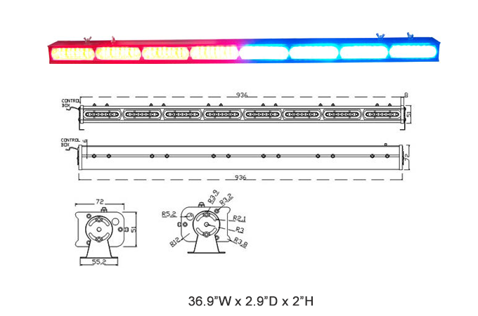 Emergency vehicle light bar, red/blue LEDs, with engineering schematic showing dimensions and mounting details.