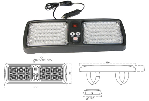 LED emergency vehicle light bar with DC 12V power cord. Features digital display, two light panels, and control buttons.