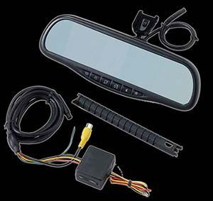 Rearview mirror with display, backup camera, and wiring for a vehicle.