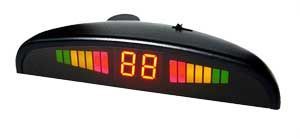 Black car parking sensor with a digital display and color-coded distance indicators.