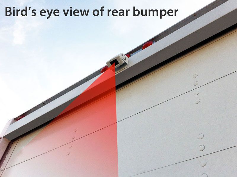 Bird's eye view of a white truck rear bumper with a red laser beam, indicating a sensor's range.