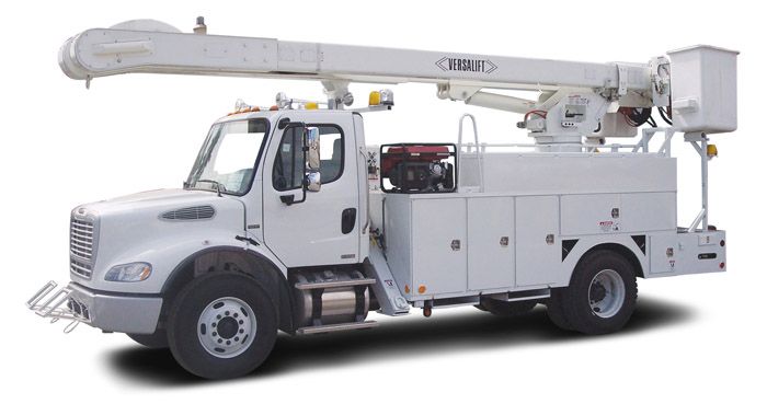 White bucket truck, possibly for utility work, with extended boom and bucket.