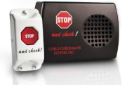 White button and black speaker system for child safety, marked with a stop sign.