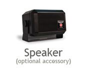 Black speaker, a rectangle with a darker, recessed front. Labeled 