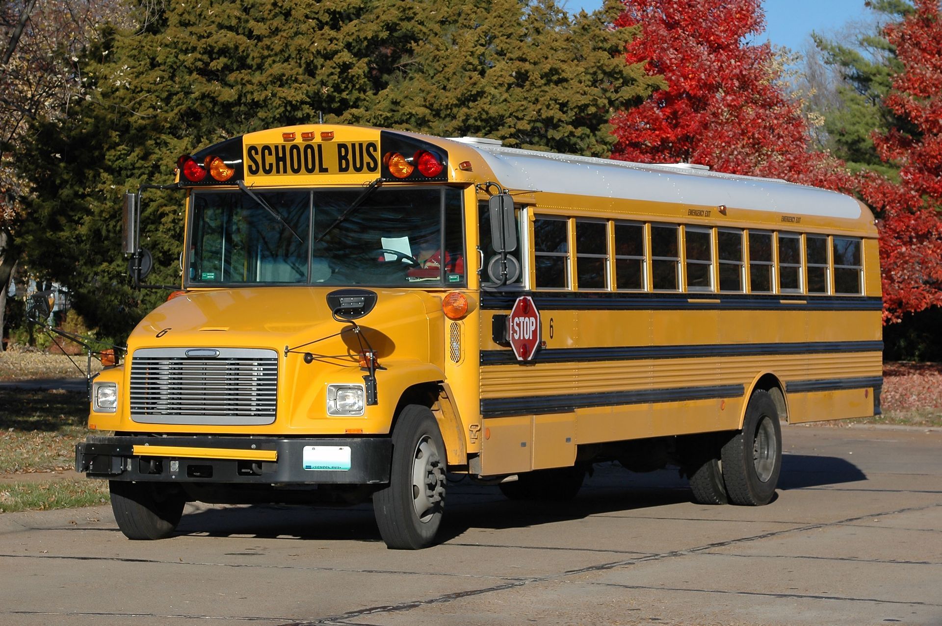 Yellow school bus parked on asphalt, red stop sign extended, trees in background.