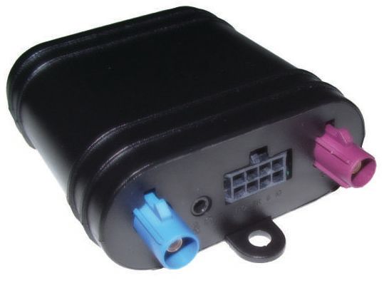 Black electronic device with blue, pink, and grey connectors.