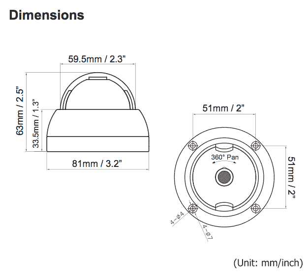 Diagram showing dimensions of a dome security camera. Measurements in mm/inches are labeled.