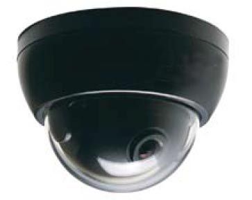 Black dome security camera, mounted; transparent dome covering lens.